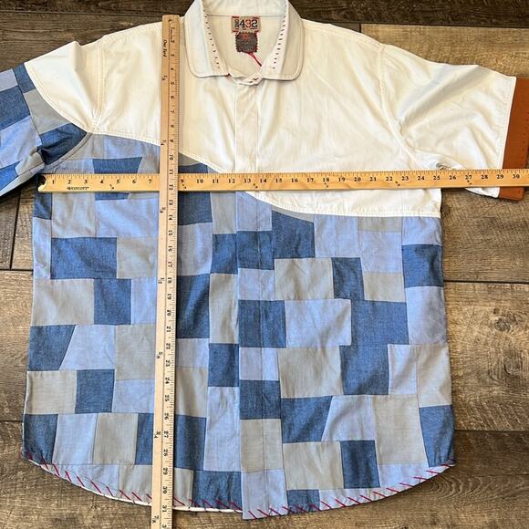 ONE432 Men's Short Sleeve Button Down Shirt Off White Blue Size XL - Picture 3 of 10